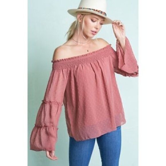 Tops - Off The Shoulder Layered Bell Sleeve Top - Mauve